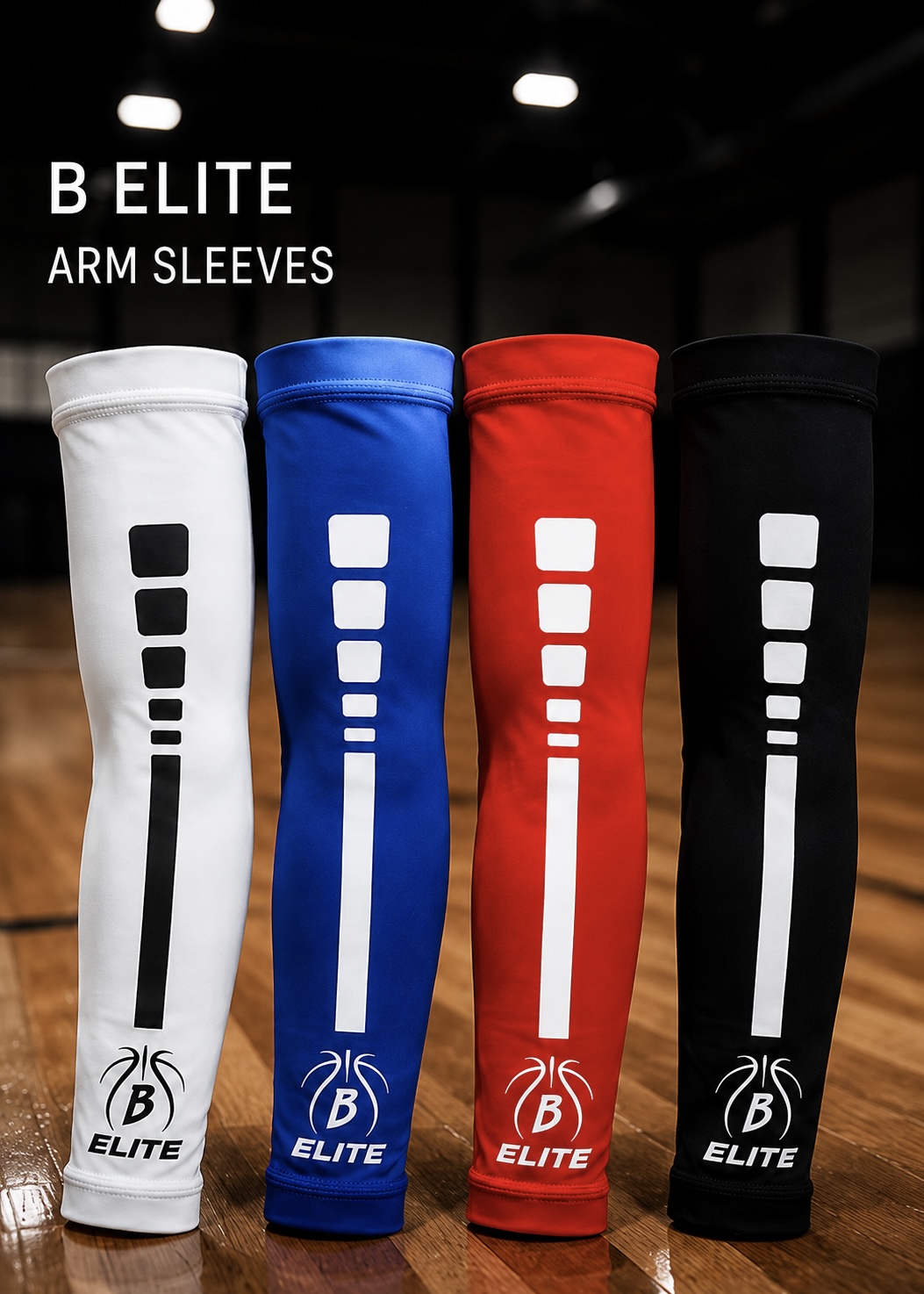 B Elite arm sleeves — white, blue, red, blackout